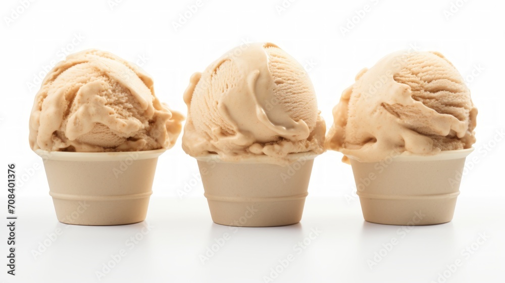 Poster Close-up realistic photo featuring three scoops of creamy peanut butter ice cream on a white background Generative AI