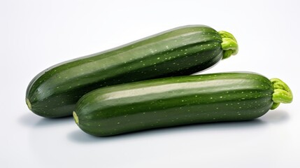 Close-up realistic photo featuring three fresh, green zucchinis on a white background Generative AI