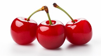 Close-up realistic photo featuring three bright red cherries on a white background Generative AI