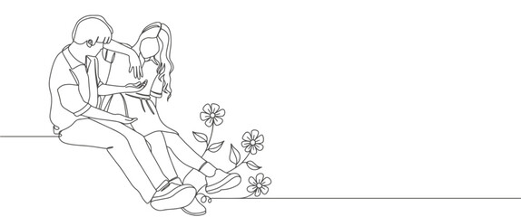Illustration of happy couple in line art drawing style. Love and friendship black linear sketch isolated on white background. Vector illustration