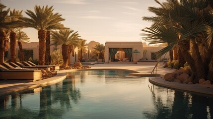 Fototapeta na wymiar Tranquil luxury resort swimming pool with palm trees and desert background at sunset.