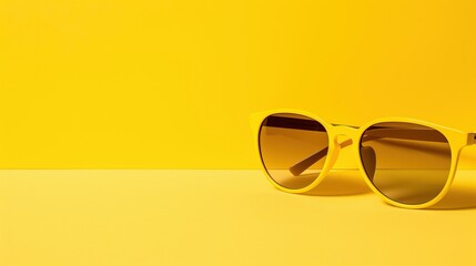 Sunglasses with reflective lenses on a uniform yellow surface.