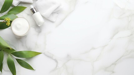 Fototapeta na wymiar Elegant Skincare Concept: Top View of Luxury Cream Jar and Transparent Dropper Bottles on White Marble Background with Copyspace - Beauty and Wellness