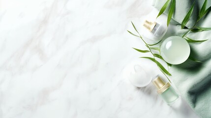 Obraz na płótnie Canvas Elegant Skincare Concept: Top View of Luxury Cream Jar and Transparent Dropper Bottles on White Marble Background with Copyspace - Beauty and Wellness