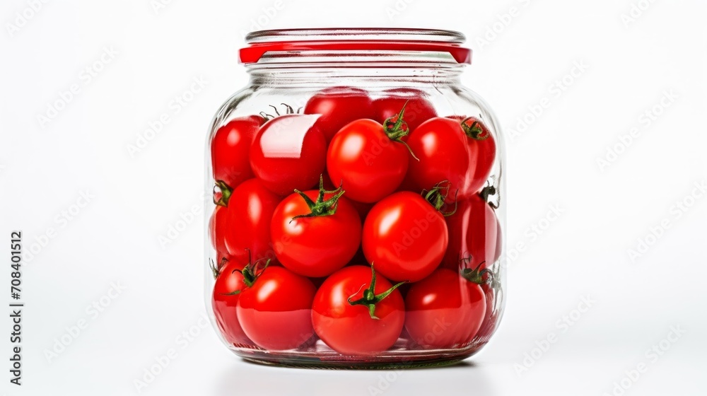 Poster glass jar filled with vibrant red tomatoes, close-up realistic photo on a white background generativ