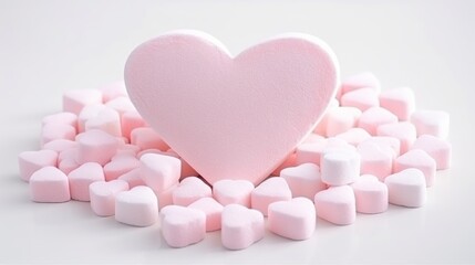 Fototapeta premium Marshmallows in pastel pink, heart-shaped, arranged on a white background, soft lighting, sweet and romantic ambiance Generative AI