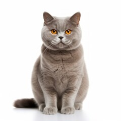 Radiant British Shorthair Cat sitting on a white background, round face, content look Generative AI