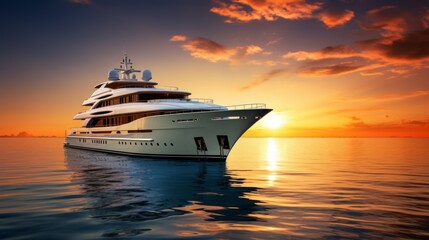 Realistic photo of a deluxe yacht anchored during sunset, well-off vacationers savoring the view, extravagant settings, and the warm glow of the setting sun Generative AI - obrazy, fototapety, plakaty