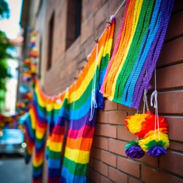 Stock image of LGBTQ pride symbols and decorations at an event or celebration, vibrant and colorful Generative AI