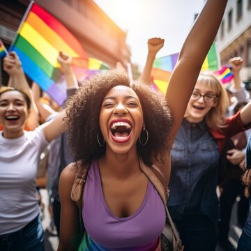 Stock image of LGBTQ rights advocates campaigning for equality and anti-discrimination laws Generative AI
