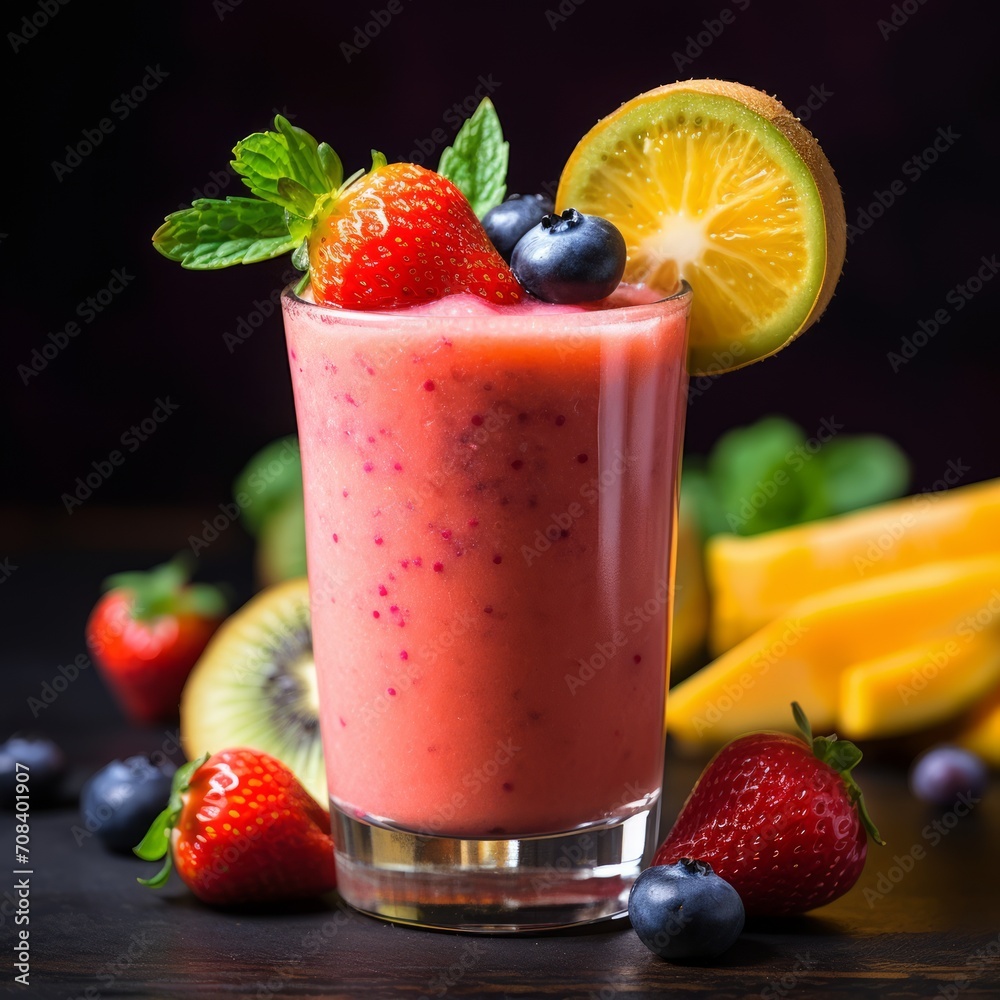 Poster stock image of a colorful fruit smoothie in a glass with fresh fruit garnish, a healthy and refreshi