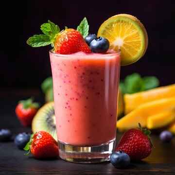 Stock image of a colorful fruit smoothie in a glass with fresh fruit garnish, a healthy and refreshing drink Generative AI