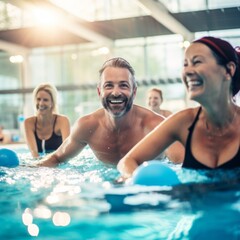 Stock image of a group doing aquatic exercises in a pool, promoting fitness and low-impact workouts...