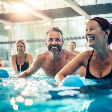 Stock image of a group doing aquatic exercises in a pool, promoting fitness and low-impact workouts Generative AI