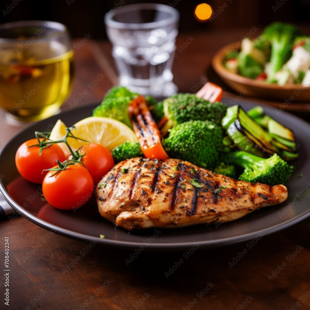 Poster stock image of a plate of grilled chicken with a side of steamed vegetables, a balanced and healthy 