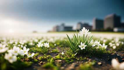 spring first flowers, green grass, everything is blooming, primroses, against the backdrop, sity background, nature in sity, park, dawn light, sunshine, wallpaper, screensaver, cover, poster - obrazy, fototapety, plakaty