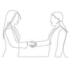 continuous line drawing two businesswomen shaking hands vector illustration
