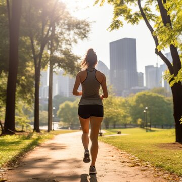 Stock image of a person jogging in a city park, promoting urban fitness and health Generative AI