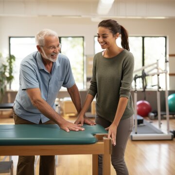 Stock image of a physical therapist assisting a patient, supportive and caring rehabilitation session Generative AI