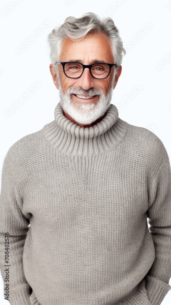 Aufkleber stock image of an elderly man in a cozy sweater on a white backdrop generative ai