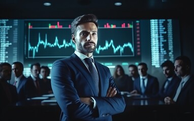 Executive Presence: Businessman standing with arms crossed in a boardroom, surrounded by blurred employees and a conference table. Graphs on a large screen add a touch of corporate dynamism. - obrazy, fototapety, plakaty