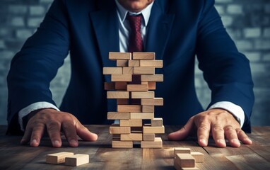 Suits and Strategy: A faceless man in a suit, hands poised on the Jenga table, ready for strategic moves. The quiet intensity of a game master at play.