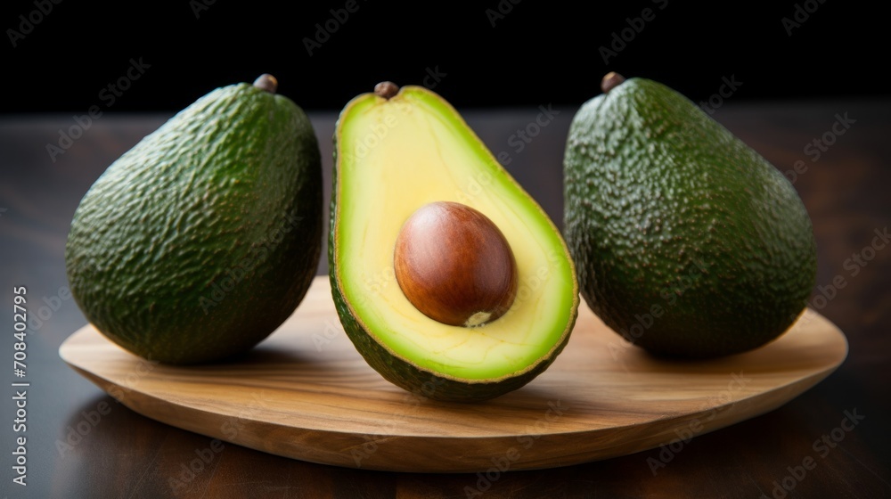 Poster three ripe avocados captured in a close-up realistic photo against a white background generative ai