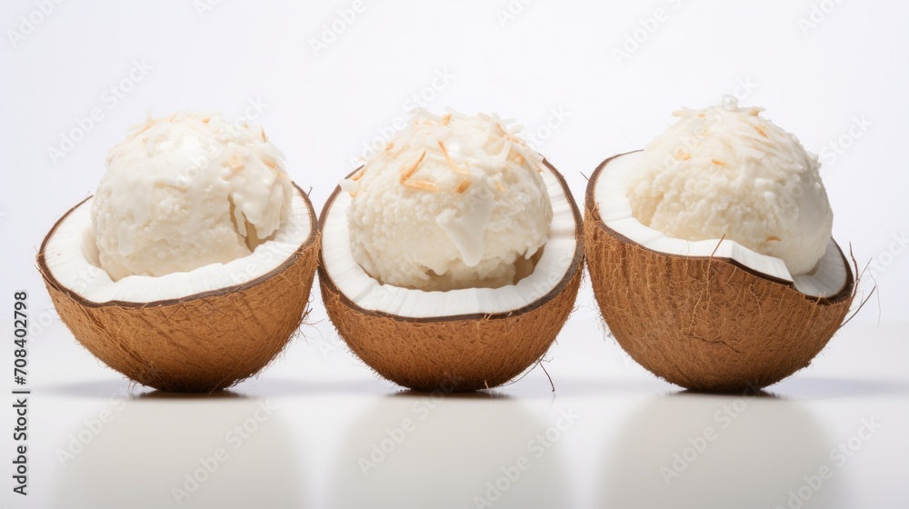Poster three scoops of tropical coconut ice cream showcased in a close-up realistic photo against a white b