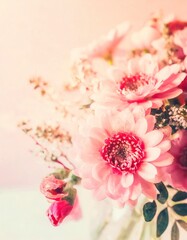  Spring floral composition made of fresh pink flowers on light pastel background