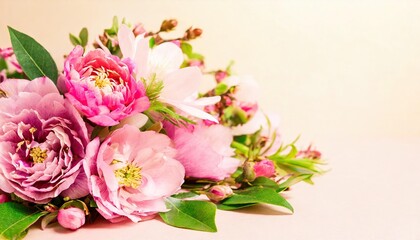 Naklejka na ściany i meble Spring floral composition made of fresh pink flowers on light pastel background