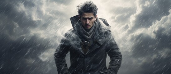 Fototapeta premium Man braves storm in coat.