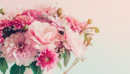  Spring floral composition made of fresh pink flowers on light pastel background