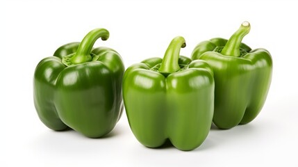 Three green bell peppers captured in a close-up realistic photo against a white background Generative AI