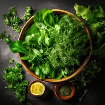 Stock image of fresh salad greens and herbs in a bowl, ingredients for healthy and nutritious meals Generative AI