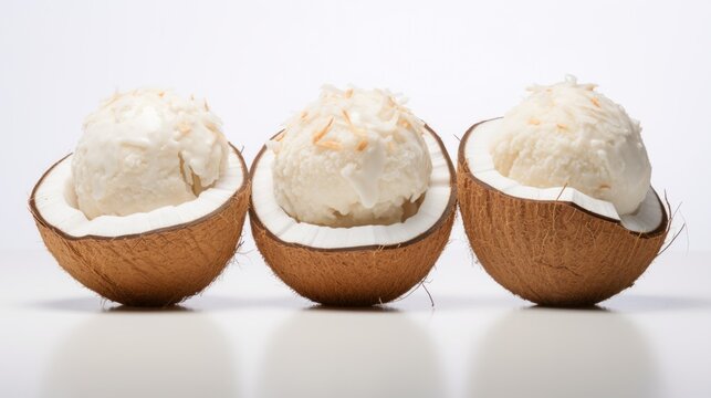 Three scoops of tropical coconut ice cream showcased in a close-up realistic photo against a white background Generative AI