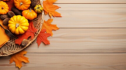 Thanksgiving Feast: Top-View Vertical Photo of Festive Dinner Table with Pumpkins, Raw Vegetables, and Rustic Decor on White Wooden Background - Autumn Celebration Concept