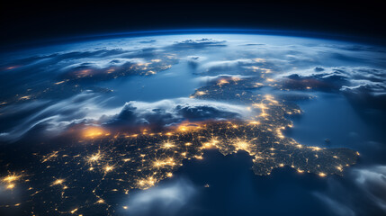 View from space of planet Earth. City lights. Blue glow light clouds. AI generative