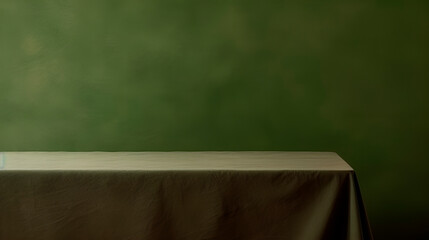 Empty table on khaki green texture wall background. Shadows on the wall and light reflections, generated AI
