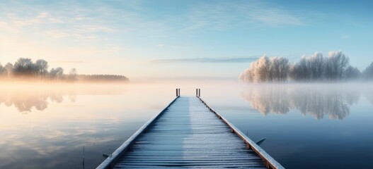 Tranquil lake view with mist and serene dock. Peaceful nature and reflection.