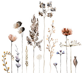 Naklejka premium Border with watercolor autumn wild flowers and leaves, Brown and beige wedding illustration