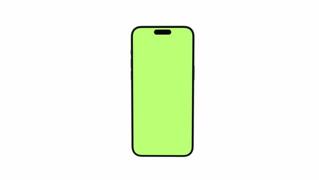 Mobile phone with blank green screen, front view, isolated on white background with alpha channel. 4K animation with camera track motion for presentation on mockup screen