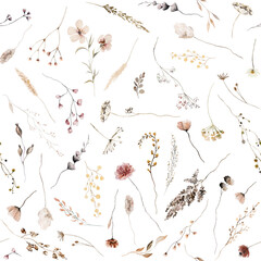 Seamless pattern made of brown, dark red and beige watercolor wild flowers and leaves illustration - obrazy, fototapety, plakaty