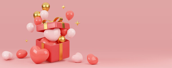 3D Cute opened gift box with heart shape balloon, Pink, red and gold helium balloons.