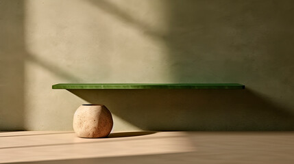 Empty table on khaki green texture wall background. Shadows on the wall and light reflections, generated AI