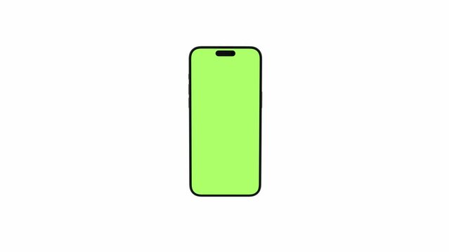 Mobile phone with blank green screen, front view, isolated on white background with alpha channel. 4K animation with camera track motion for presentation on mockup screen