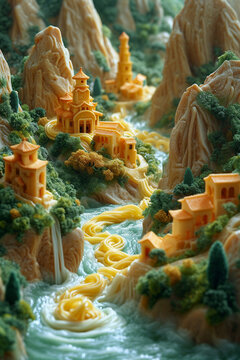An image of a noodle landscape, with pasta representing different natural elements like mountains and rivers.