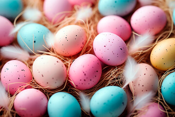 Fototapeta na wymiar Easter colored eggs close up in a nest, pastel colors, background