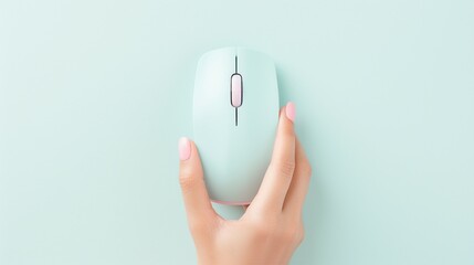 Top view of a hand using a wireless computer mouse for searching necessary information on an isolated pastel color background with copy-space for text or promotional content. - obrazy, fototapety, plakaty