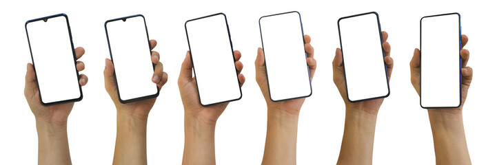 Obraz na płótnie Canvas Set of man hands holding smartphone with blank screen, isolated on white background included clipping path.
