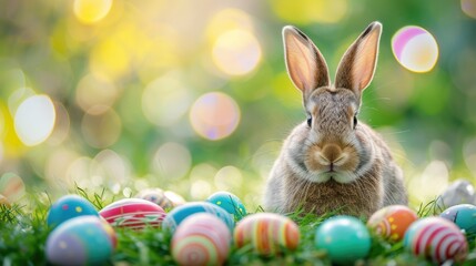 Fototapeta na wymiar happy bunny with many easter eggs on grass festive background